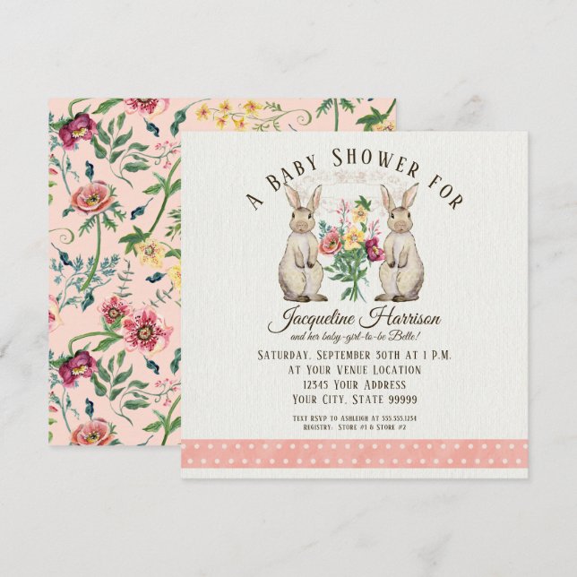 Invitation Baby shower Carré  de filles de lapin à conte de f (Devant / Derrière)