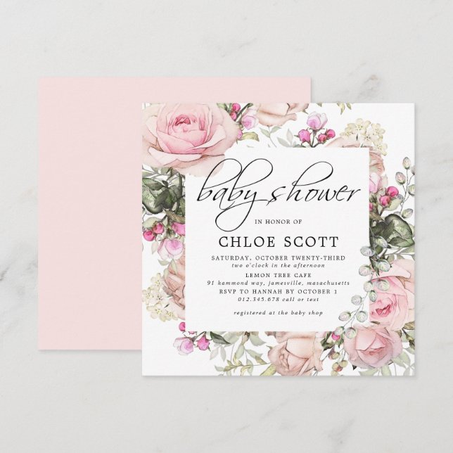 Invitation Baby shower Carré rose pâle (Devant / Derrière)
