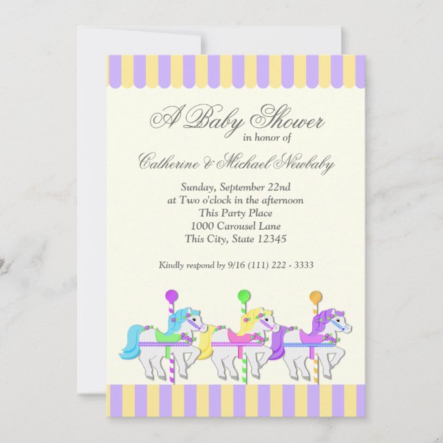 Invitation Baby shower carrousel Or pourpre (Devant)