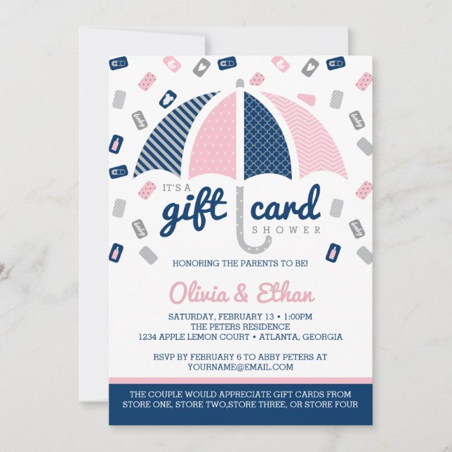 Invitation Baby shower carte cadeau, Marine, Rose (Devant)