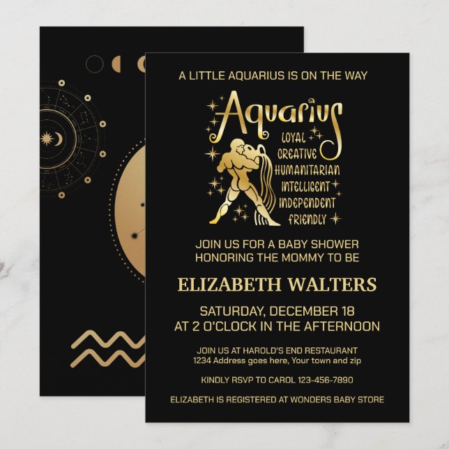 Invitation Baby shower céleste Aquarius Zodiac (Devant / Derrière)