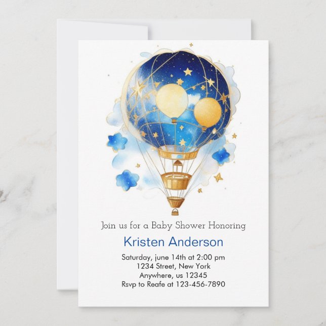Invitation Baby shower céleste Blue Hot Air Balloon Boy (Devant)