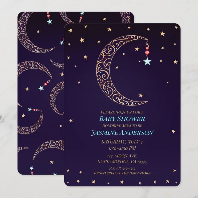 Invitation Baby shower céleste de la lune d'or violet (Devant / Derrière)