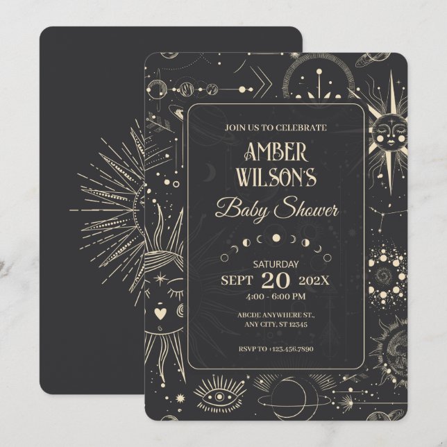 Invitation Baby shower céleste de l'astrologie bohémienne (Devant / Derrière)