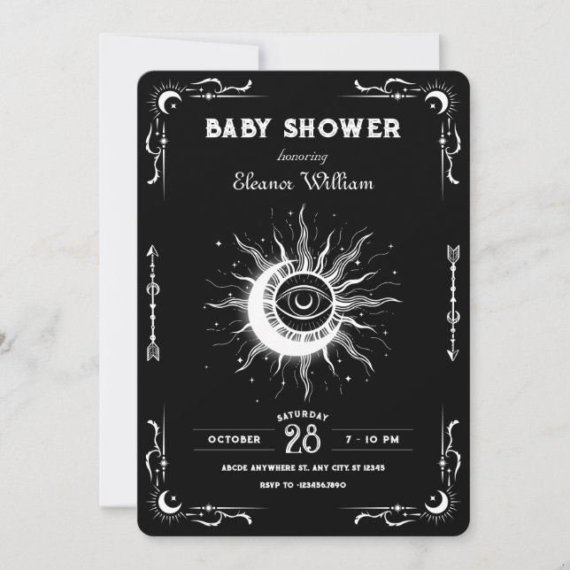 Invitation Baby shower céleste de tarot noir blanc lune (Devant)