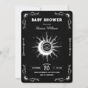 Invitation Baby shower céleste de tarot noir blanc lune