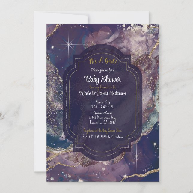 Invitation Baby shower céleste d'or bleu Berry (Devant)