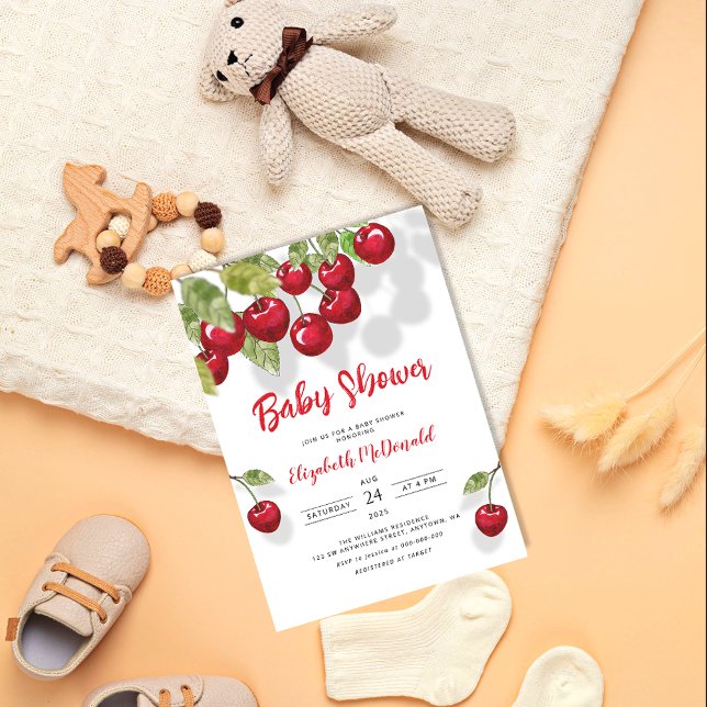 Invitation Baby shower cerise | Berry Sweet Baby Greenery (Créateur téléchargé)