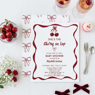 Invitation Baby Shower Cerise Douces Rayures Roses Ruban Mign