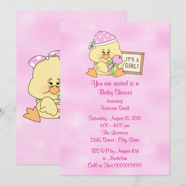 Invitation Baby shower c'est un canard de bébé de fille (Devant / Derrière)