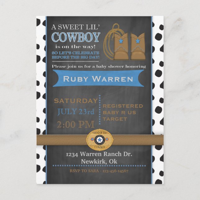 Invitation Baby shower Chalkboard Cowboy (Devant)