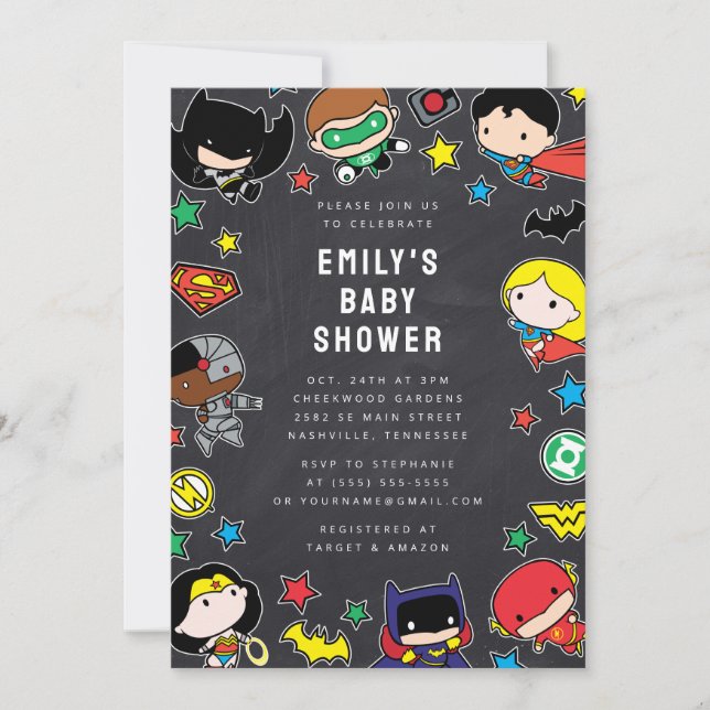 Invitation Baby shower Chalkboard de la ligue de justice de C (Devant)