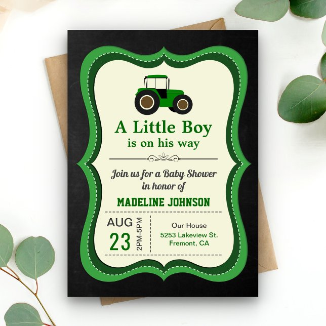 Invitation Baby shower Chalkboard Green Farm Tractor (Créateur téléchargé)