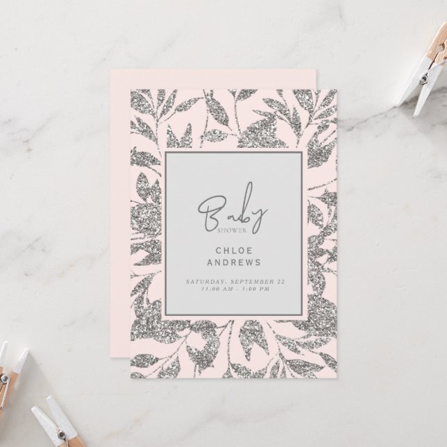 Invitation Baby shower Champagne Rose et Silver Glam (Devant/Arrière en situation)