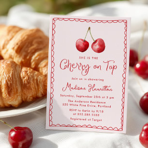 Invitation Baby Shower Champêtre à l'Aquarelle Cerise sur le 