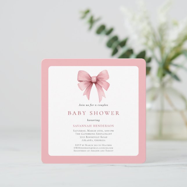 Invitation Baby shower Charming Rose Ribbon Bow Girl Couples (Debout devant)