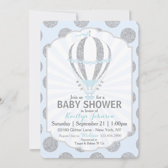 Invitation Baby shower chaud de ballon à air de bleus layette (Devant)