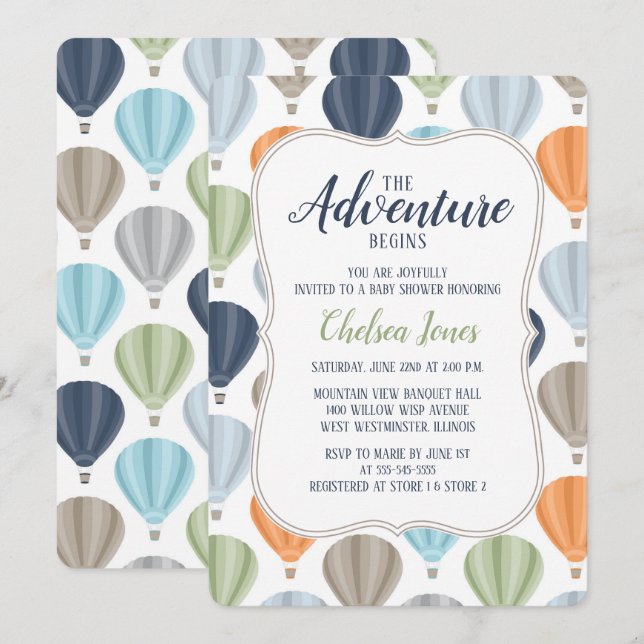 Invitation Baby shower chaud de garçon de ballon à air (Devant / Derrière)
