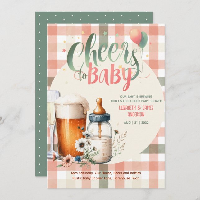 Invitation Baby shower Cheers Bouteilles Bières Peach Sage CO (Devant / Derrière)