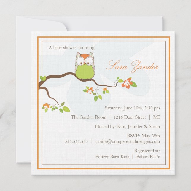 Invitation Baby shower - Chevêche de bébé verte et (Devant)