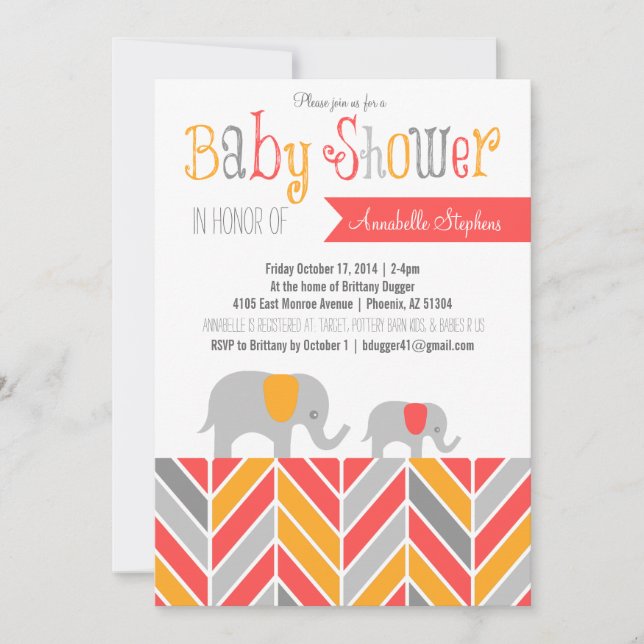 Invitation Baby shower Chevron Elephant Coral Grey (Devant)