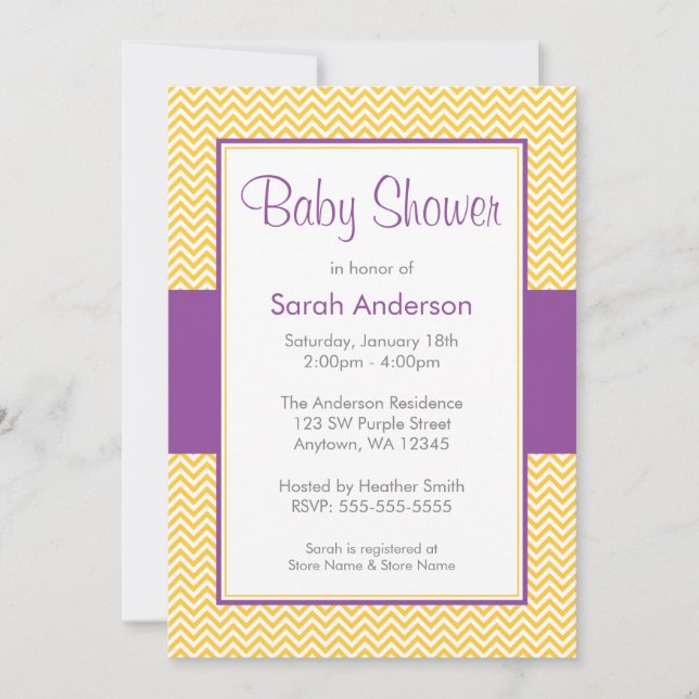 Invitation Baby shower Chevron jaune et violet (Devant)
