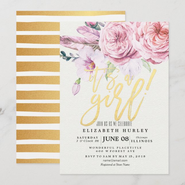 Invitation Baby shower Chic Aquarelle Boho Plumes florales (Devant / Derrière)