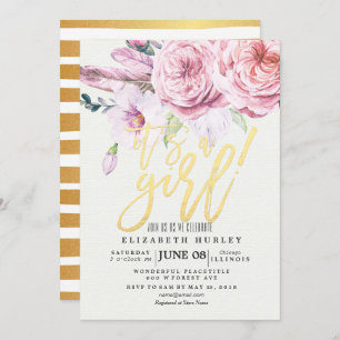 Invitation Baby shower Chic Aquarelle Boho Plumes florales