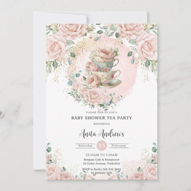 Invitation Baby shower Chic Blush Floral High Tea Party (Devant)