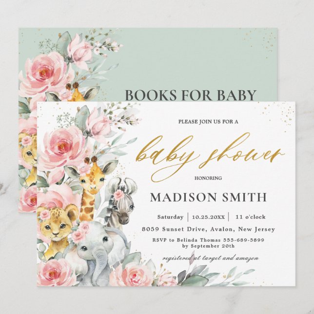 Invitation Baby shower Chic Blush Rose Floral Jungle Animaux (Devant / Derrière)