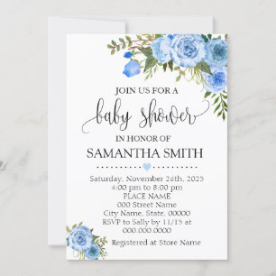 Invitation Baby shower chic boho floral bleu
