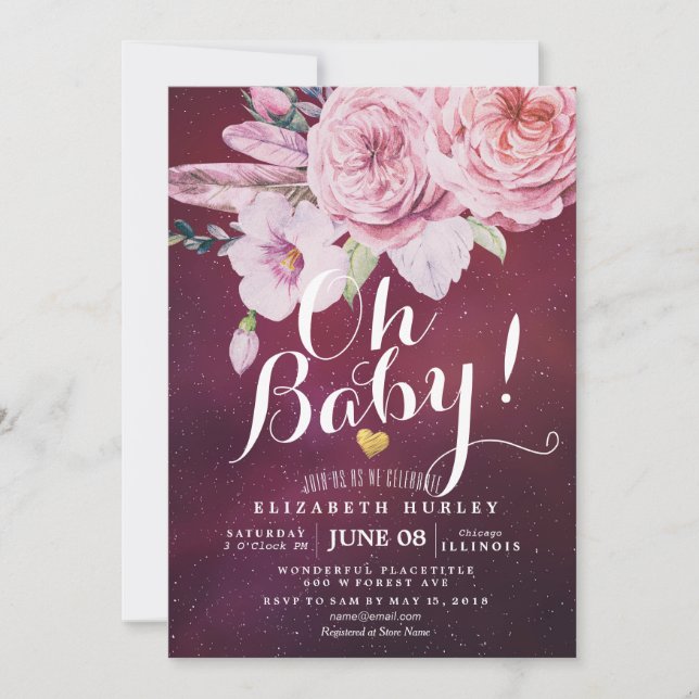 Invitation Baby shower Chic Boho Plumes florales Bourgogne Ro (Devant)
