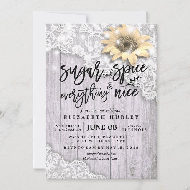 Invitation Baby shower Chic dentelle Tournesol Bois Lumières (Devant)