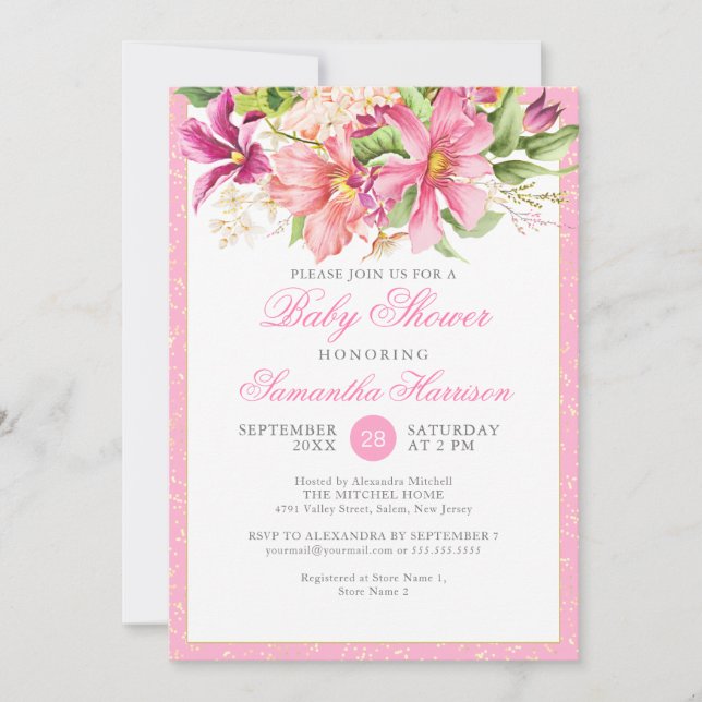 Invitation Baby shower Chic Fleurs Bouquet Rose mignon (Devant)
