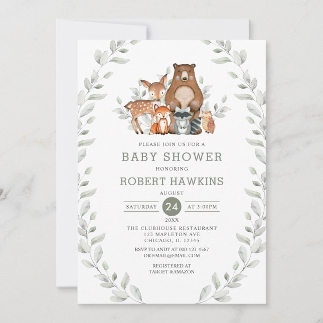 Invitation Baby shower Chic Green Forest Bois Animaux (Devant)
