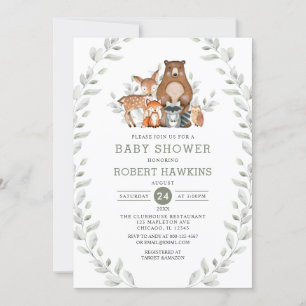 Invitation Baby shower Chic Green Forest Bois Animaux