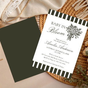 Invitation Baby shower chic minimaliste rayé vert floral