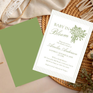 Invitation Baby shower chic minimaliste rayures vert floral