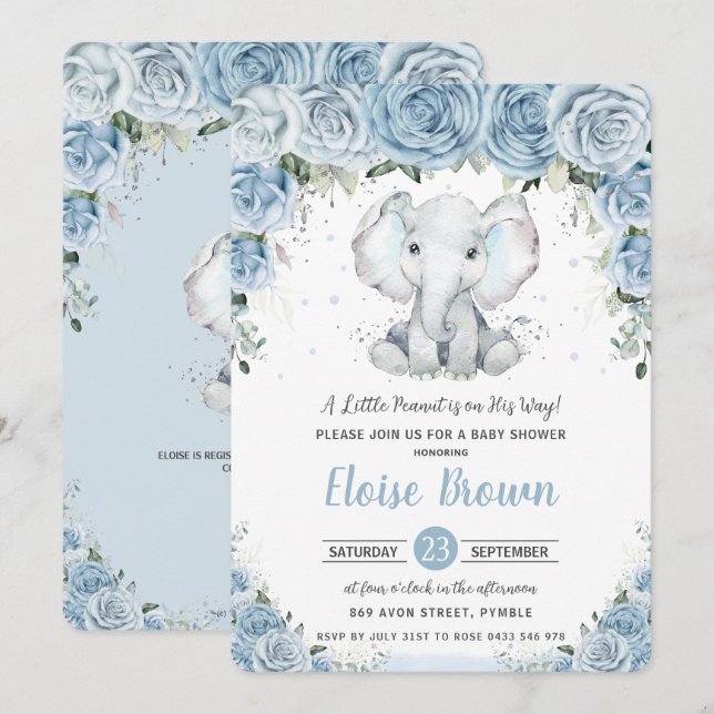 Invitation Baby shower chic Pastel Blue Floral Elephant Boy (Devant / Derrière)