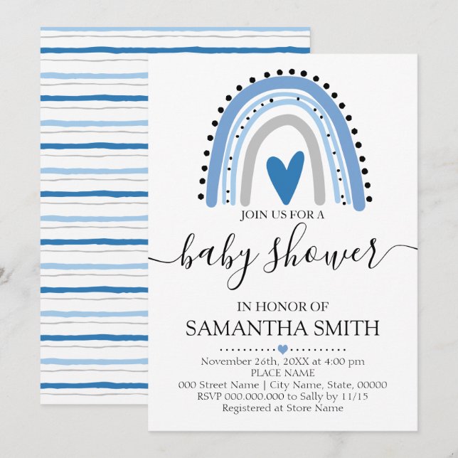 Invitation Baby shower chic Rainbow bleu moderne (Devant / Derrière)