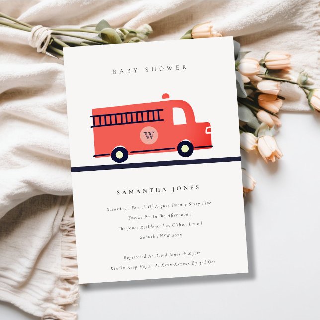 Invitation Baby shower Chic Red Navy Fire Truck En (Créateur téléchargé)