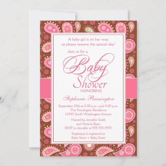 Invitation baby shower chic rose + cachemire marron (Devant)