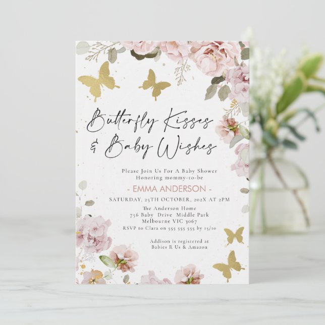 Invitation Baby shower Chic Rose Floral Gold Butterfly Kisses (Debout devant)
