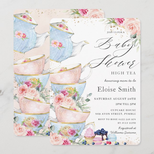Invitation Baby shower Chic Rose Floral High Tea Party (Devant / Derrière)