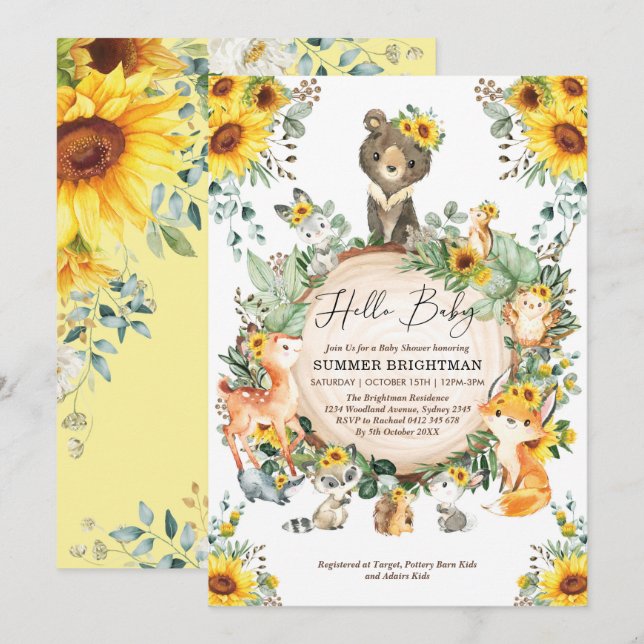 Invitation Baby shower Chic Sunflower Woodland Forest Animaux (Devant / Derrière)