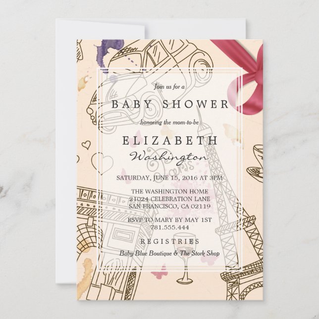 Invitation Baby shower | Chic Whimsical Pink Paris & Bow (Devant)