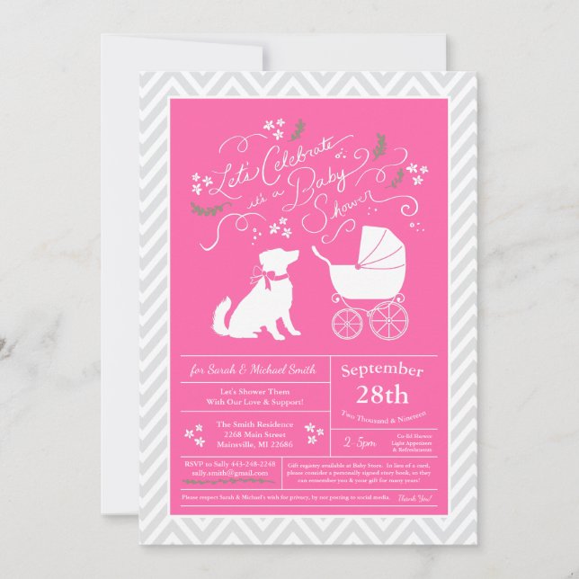Invitation Baby Shower Chien Berger Australien Rose Fille (Devant)