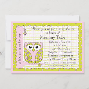 Invitation baby shower Chouette rose verte