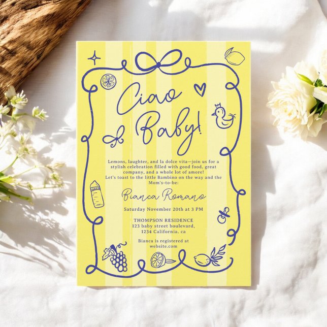 Invitation Baby shower Ciao à thème italien (Yellow Stripes Italian-Themed Ciao Baby Shower Invitation)