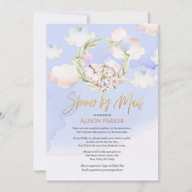 Invitation Baby shower Ciel bleu lapin en bois mou par la pos (Devant)